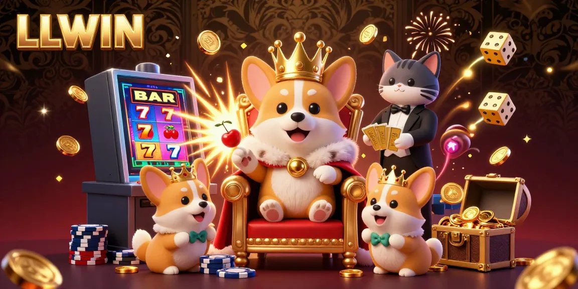Experience the LLWIN gaming excitement with a royal corgi and dazzling slot machine action.