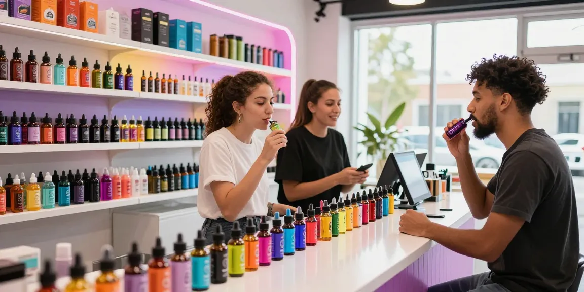 Customer exploring vape e liquid flavors in a vibrant shop.