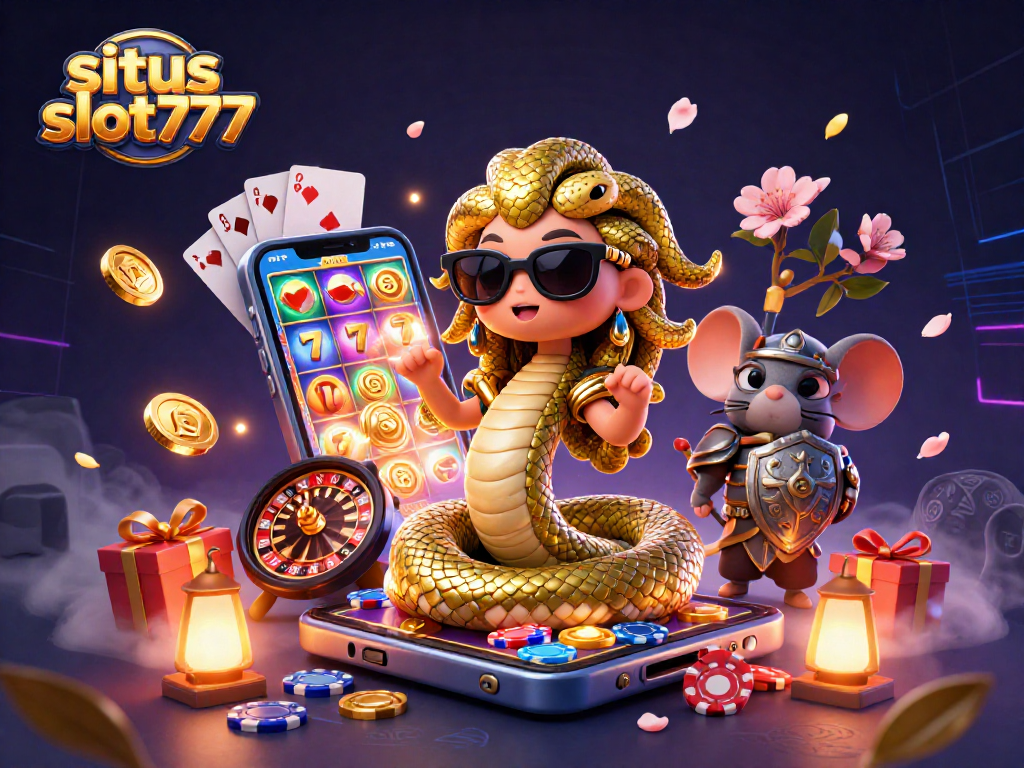Engaging illustration of situs slot777 showcasing Medusa and a mouse amidst colorful slot games.
