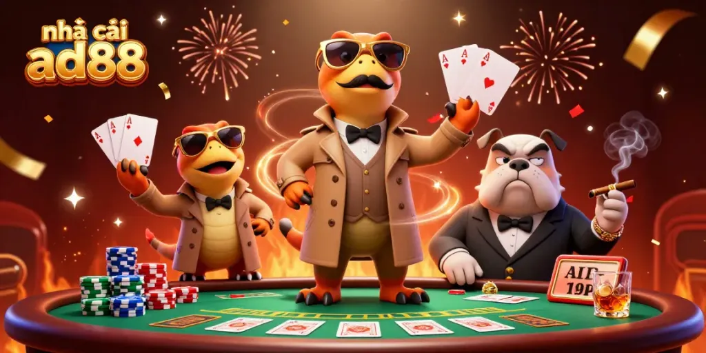 Three raptors in a trench coat entering a casino lounge, featuring nhà cái ad88 with poker elements and festive atmosphere.