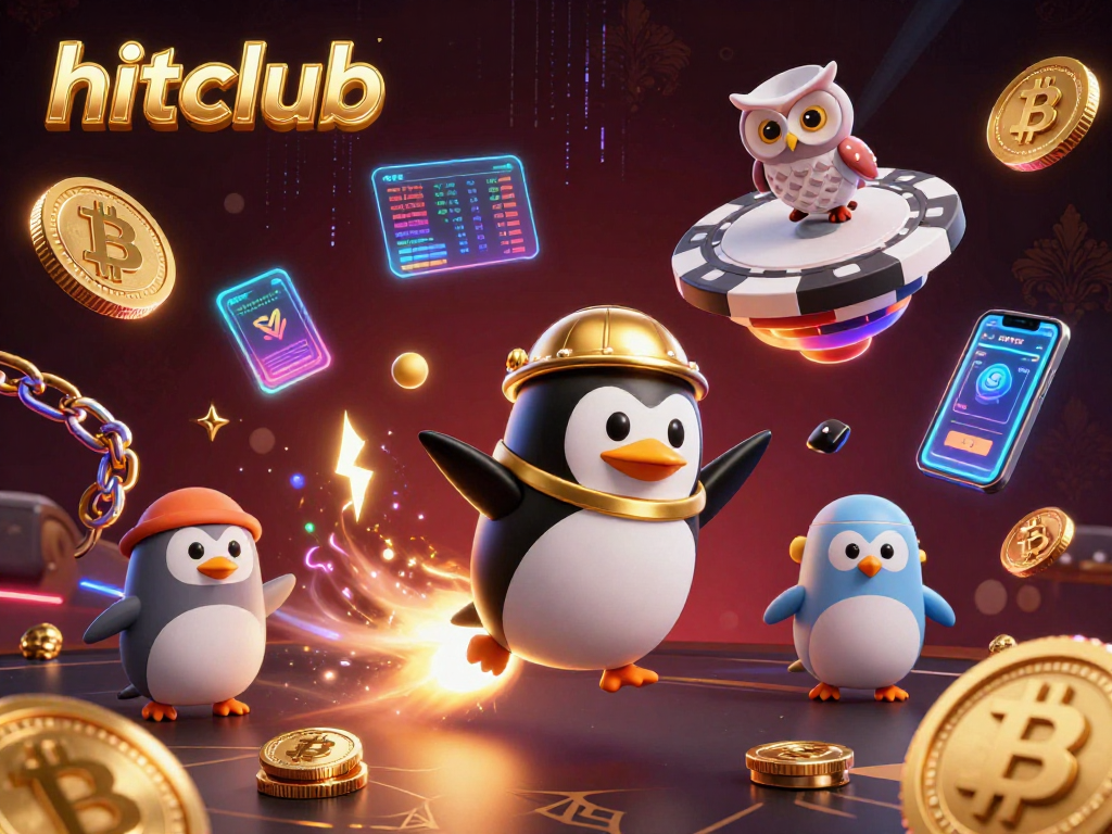 Experience hitclub’s thrilling gaming adventure with a golden penguin and crypto coins flying through a vibrant casino universe.