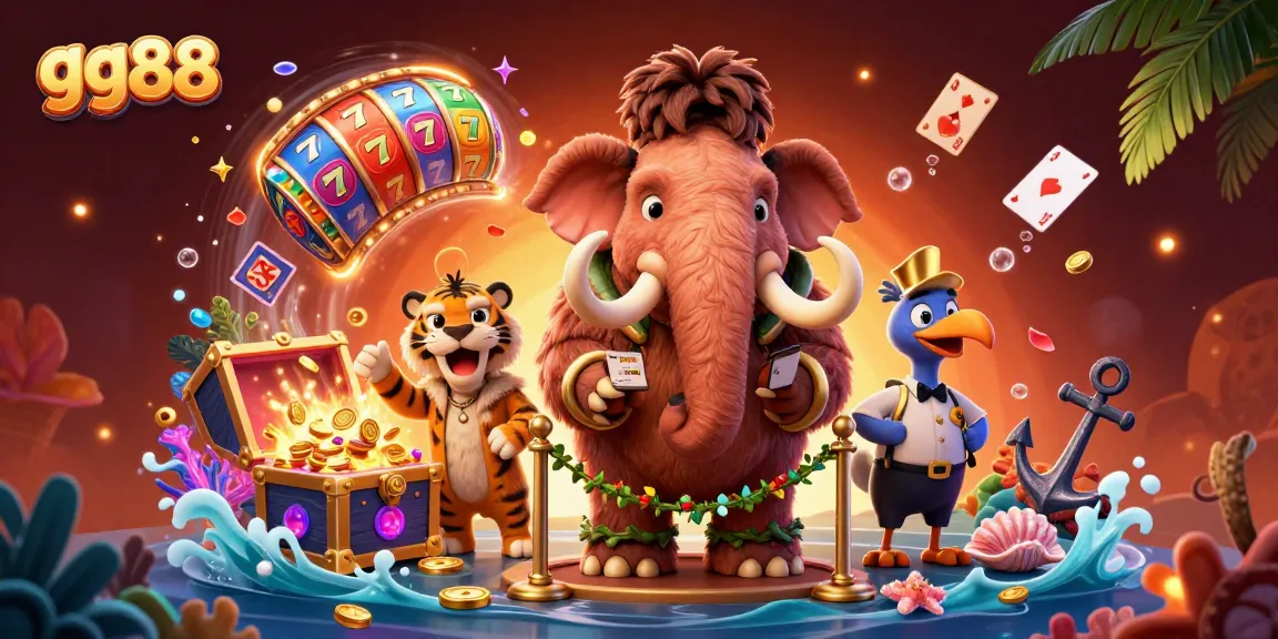 Experience gg88 with vibrant 3D characters in a dynamic casino illustration, showcasing slot reels and jackpots.