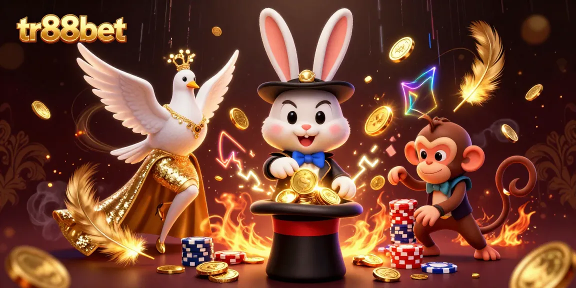 tr88bet showcases a magical scene with a rabbit and monkey amidst casino tokens, creating excitement.