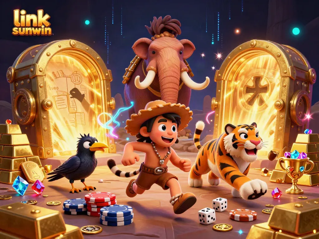 Engage with link sunwin while exploring vibrant 3D casino fun featuring cartoon characters and treasures.