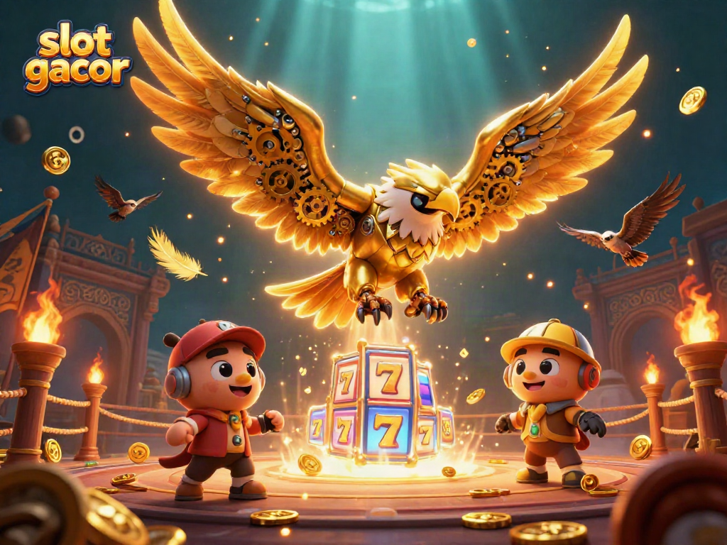 Gambarkan aksi slot gacor dengan elang cybernetic dan simbol hoki di arena bertema Asia.
