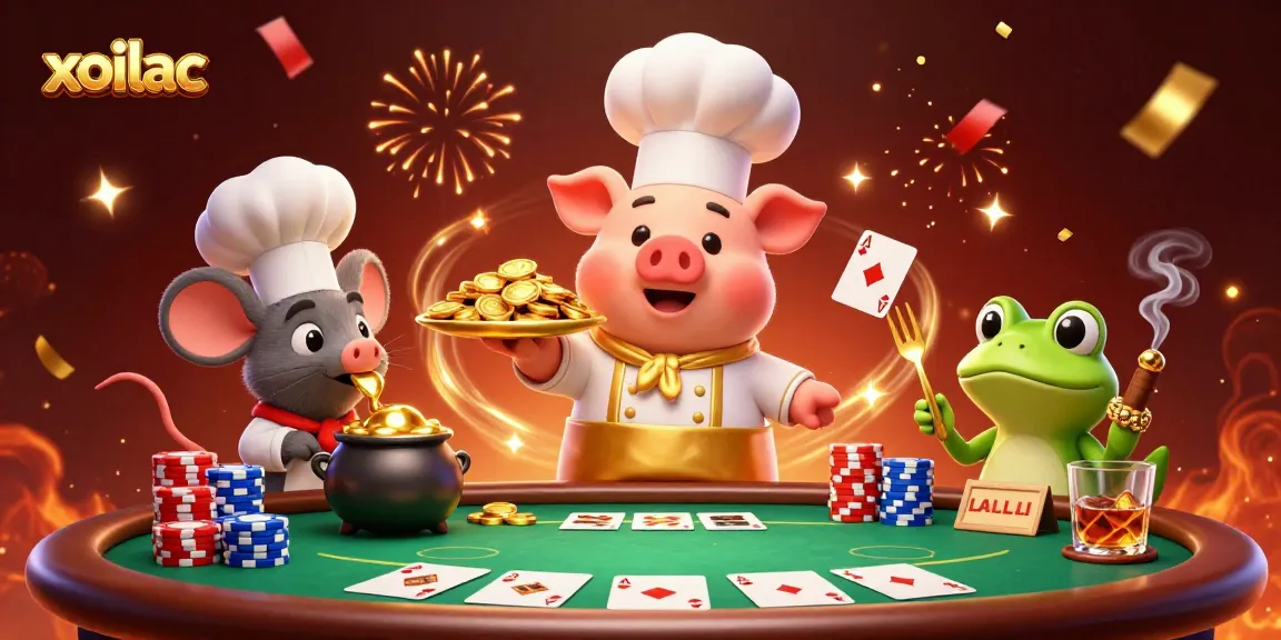 Xoilac offers thrilling poker action with a lively pig chef serving gold coins amidst vibrant celebration.