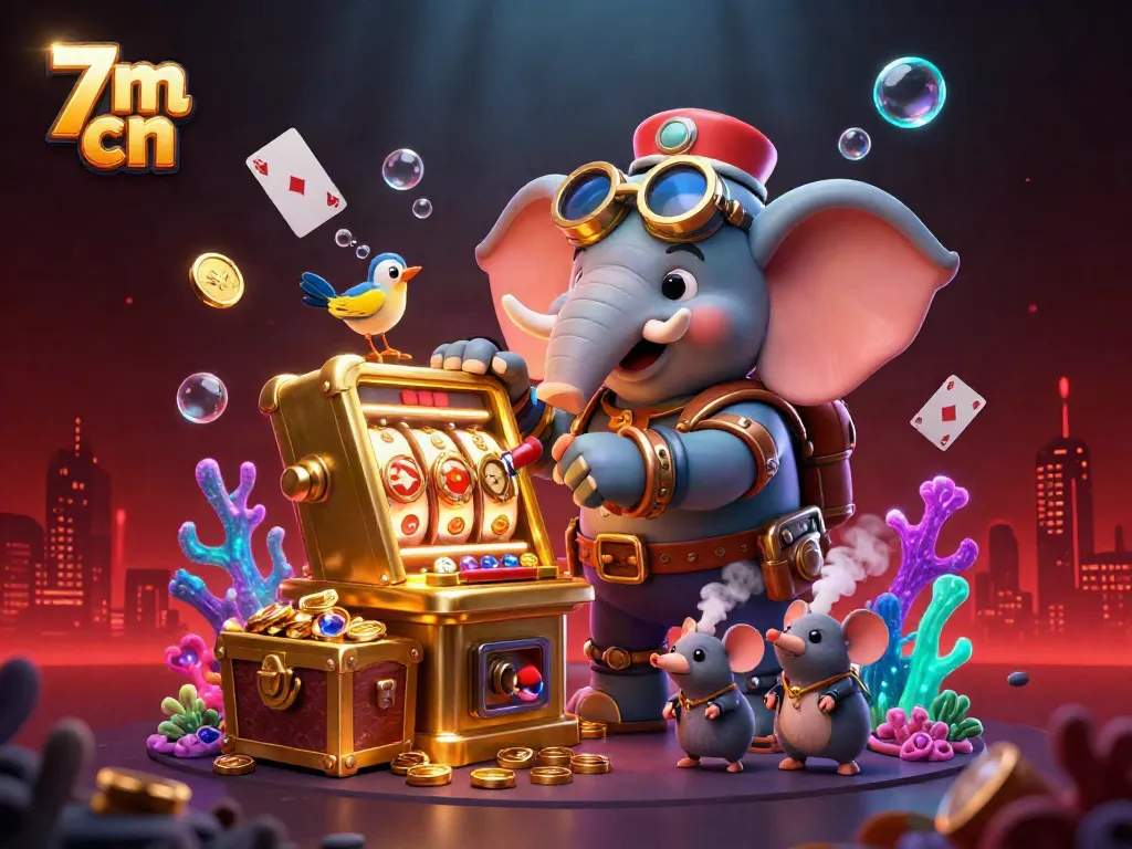 Experience 7m cn with a lively scene of an elephant engineer operating a slot machine within a vibrant underwater jackpot.