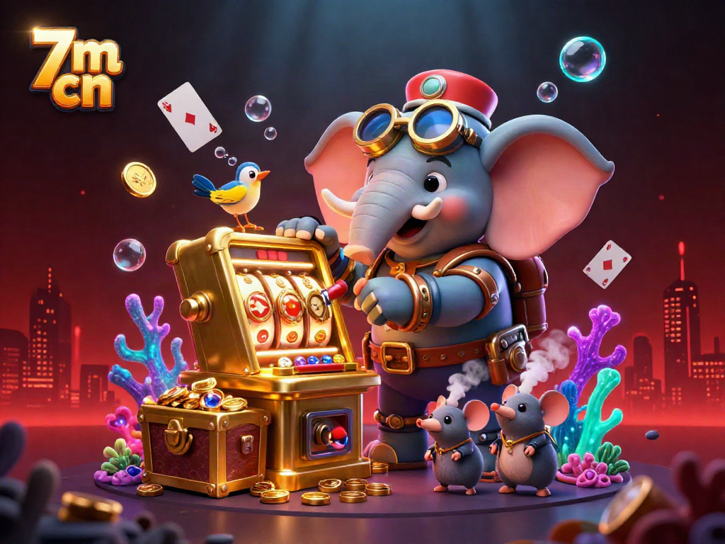 Experience 7m cn with a lively scene of an elephant engineer operating a slot machine within a vibrant underwater jackpot.