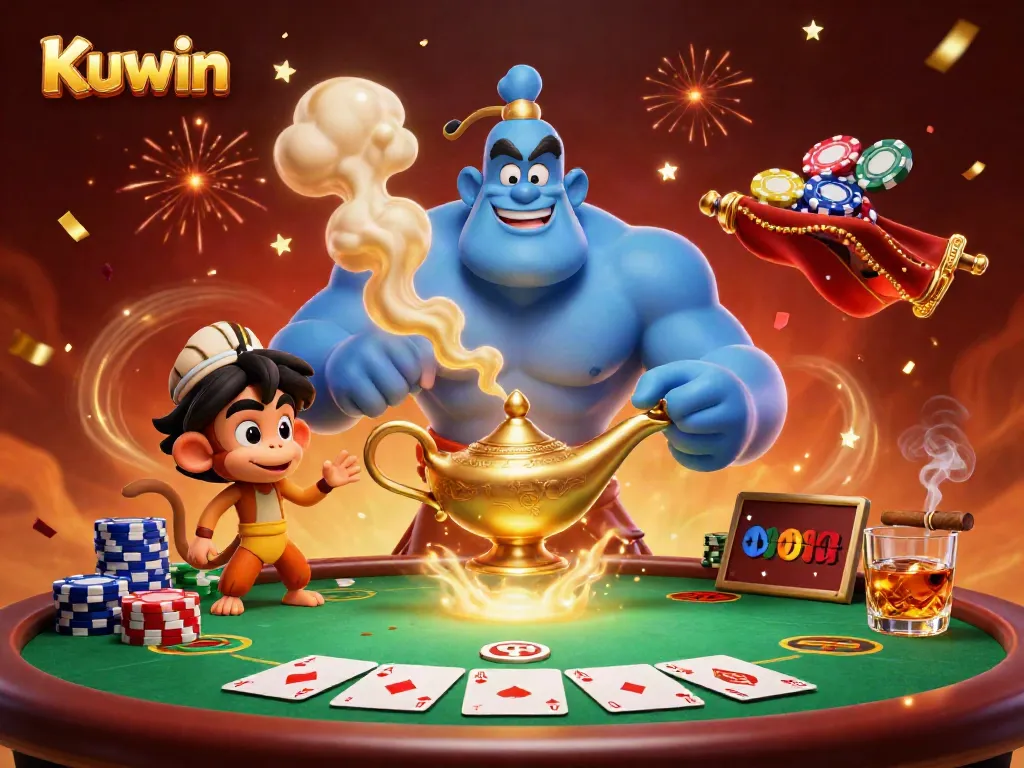 Kuwin's vibrant genie and friends illuminate a casino scene with poker chips and excitement.