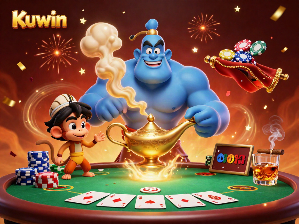 Kuwin's vibrant genie and friends illuminate a casino scene with poker chips and excitement.