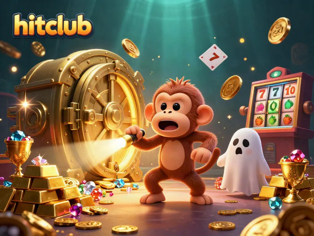 Engaging hitclub scene featuring a mischievous monkey juggling gold while a curious puppy tracks it in a vibrant casino setting.
