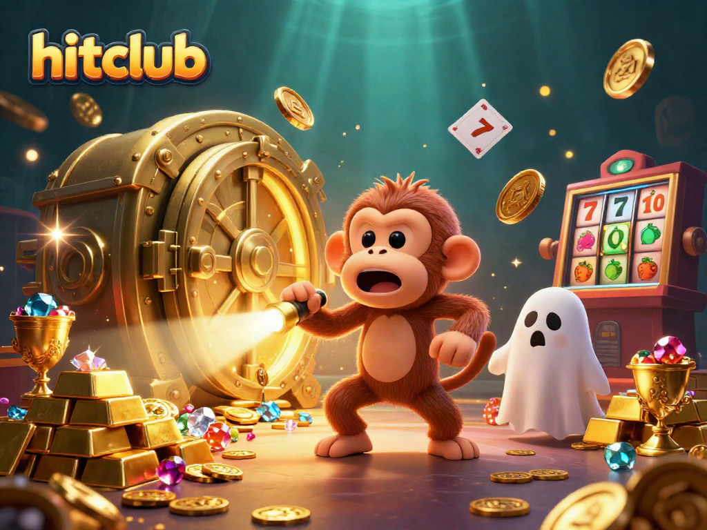 Engaging hitclub scene featuring a mischievous monkey juggling gold while a curious puppy tracks it in a vibrant casino setting.