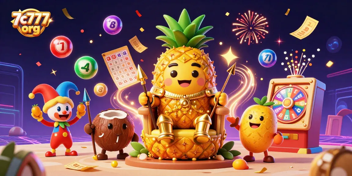 Engage with the vibrant excitement of 7c777 org through a lively casino illustration featuring playful characters and lottery elements.