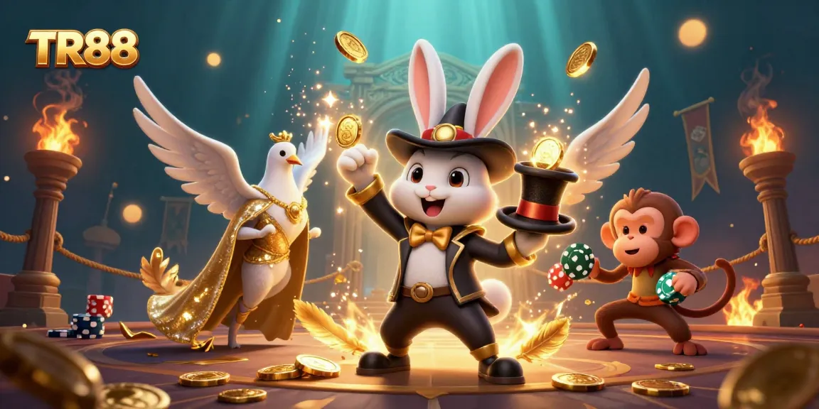 Experience a thrilling moment with TR88 as a magician rabbit conjures golden coins, surrounded by casino excitement.