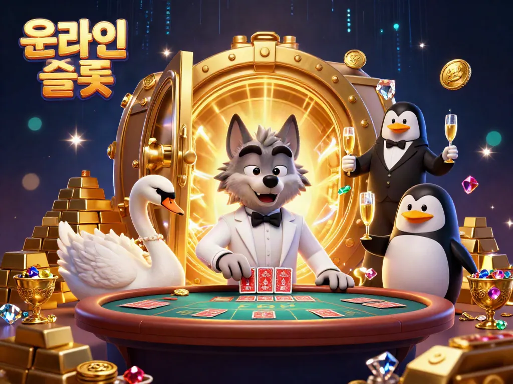 Experience online slots with vibrant visuals featuring a debonair wolf and swan at a casino table.