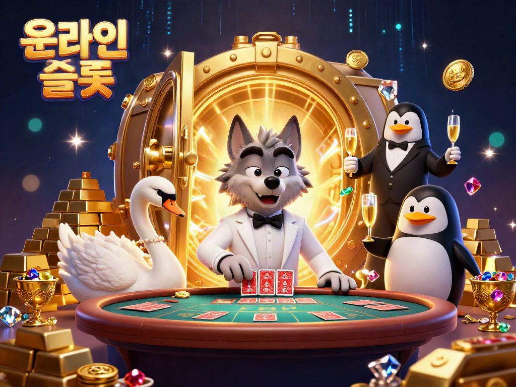 Experience online slots with vibrant visuals featuring a debonair wolf and swan at a casino table.