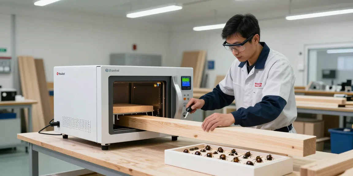 Shashel technology in action, showcasing microwave woodworm elimination process in a professional workshop.
