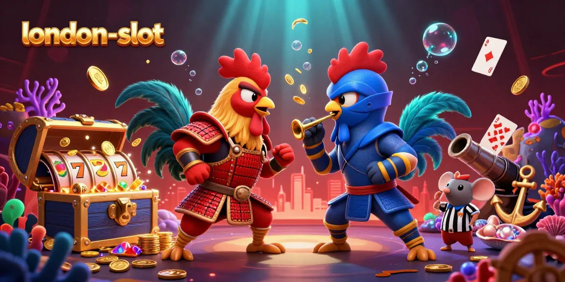 Dynamic scene of twin roosters in samurai and ninja attire capturing the spirit of london-slot gaming.