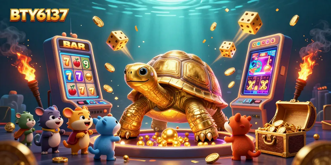 Engage with BTY6137 in a vibrant casino scene featuring a colossal tortoise and colorful game elements.