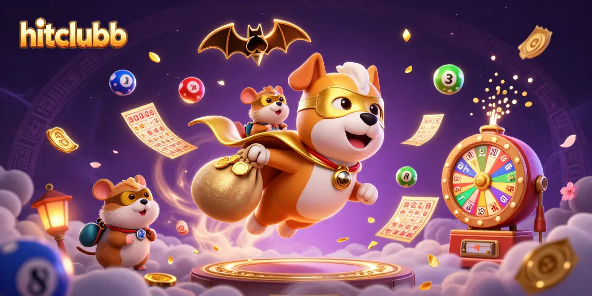 Hitclubb offers dynamic casino excitement with a superhero dog and hamster amidst vibrant gaming elements.