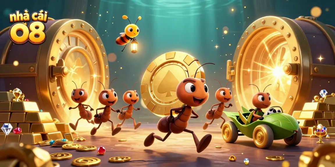 Join the fun at nhà cái o8 with ants heisting a giant poker chip, surrounded by riches.
