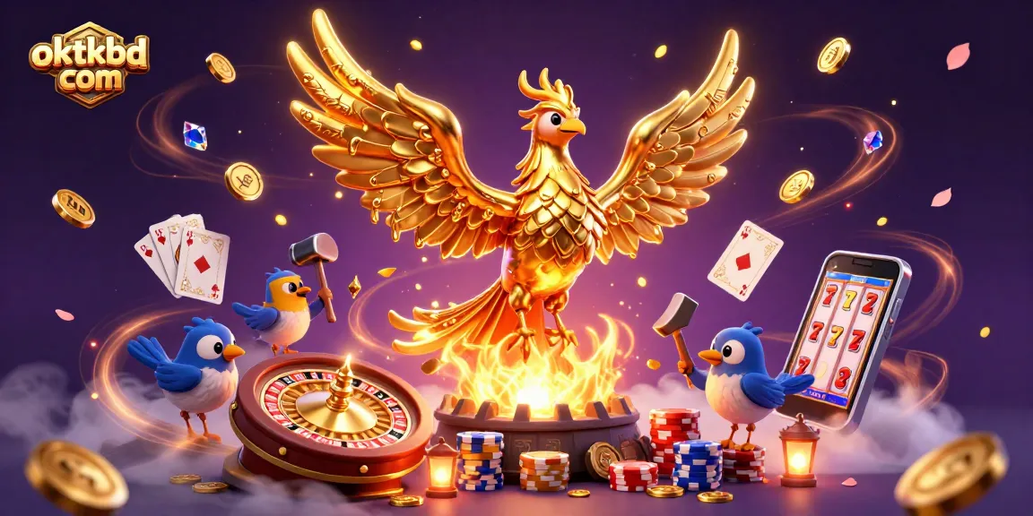 Experience excitement at oktkbd com with a dynamic casino scene featuring a golden phoenix and dazzling coins.