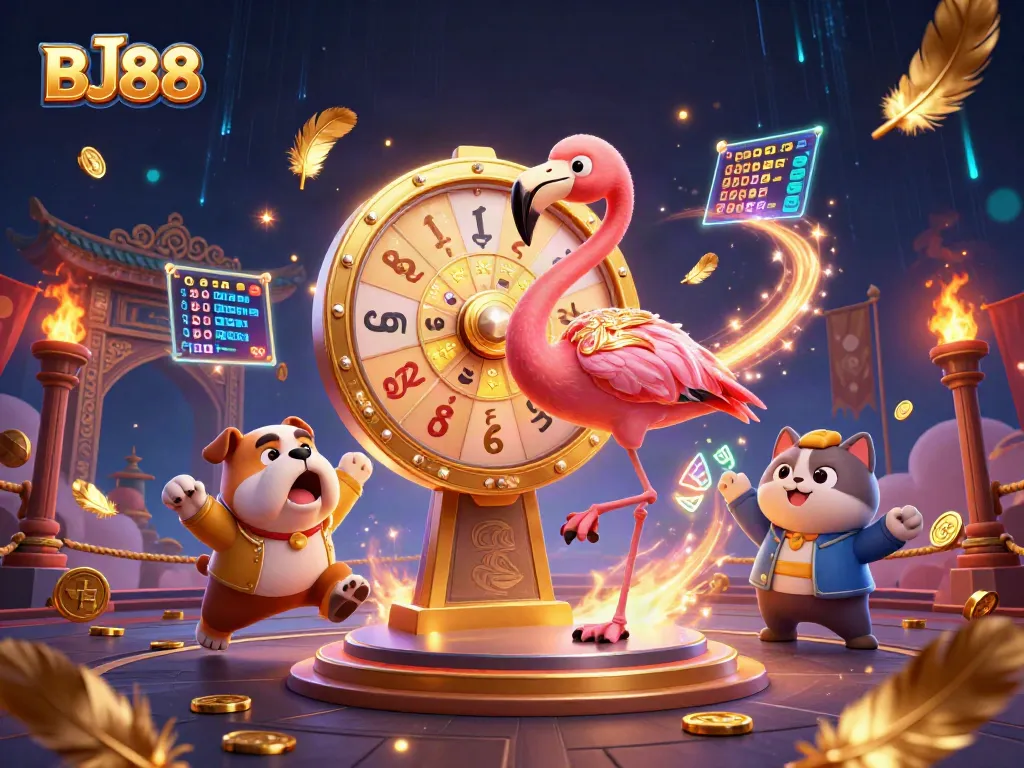 BJ88 Casino Scene featuring a flamingo game host and an excited bulldog contestant at a prize wheel surrounded by vibrant casino elements.