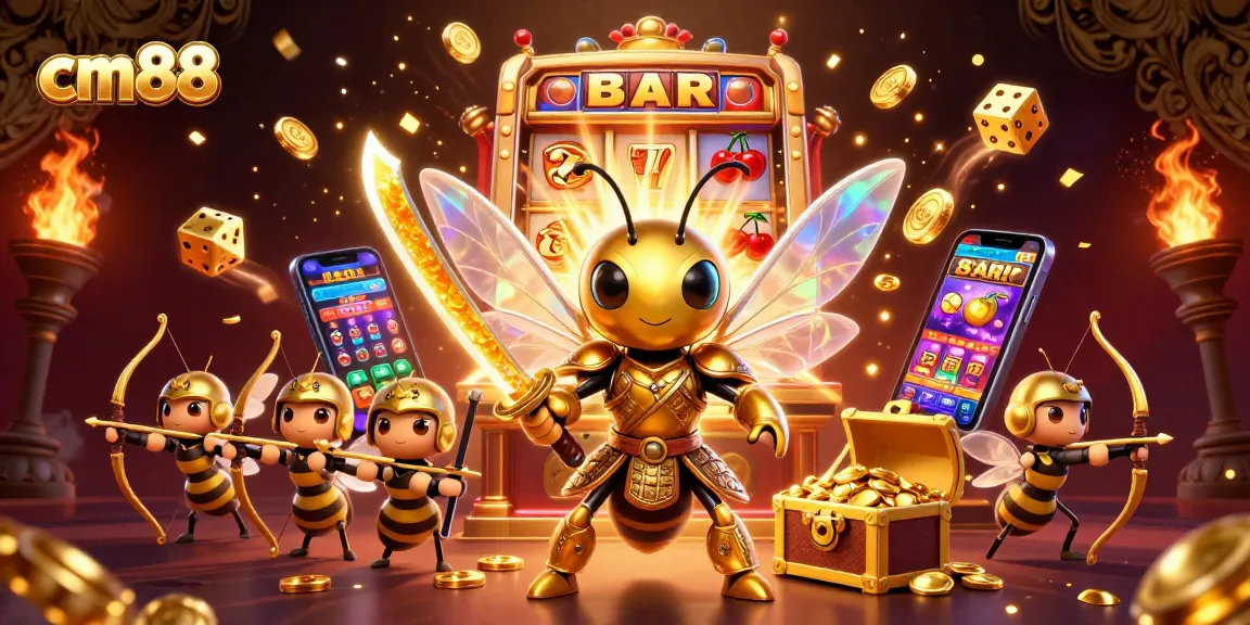 Experience winning bonuses and jackpots at cm88 with a dynamic scene of a hornet samurai and vibrant casino elements.