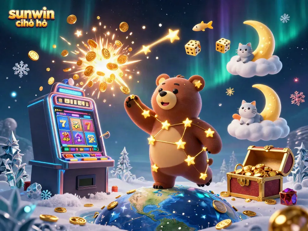 Engage with sunwin chính chủ through a vibrant casino scene featuring stars, gold coins, and exciting game elements.