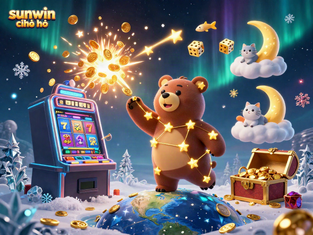 Engage with sunwin chính chủ through a vibrant casino scene featuring stars, gold coins, and exciting game elements.