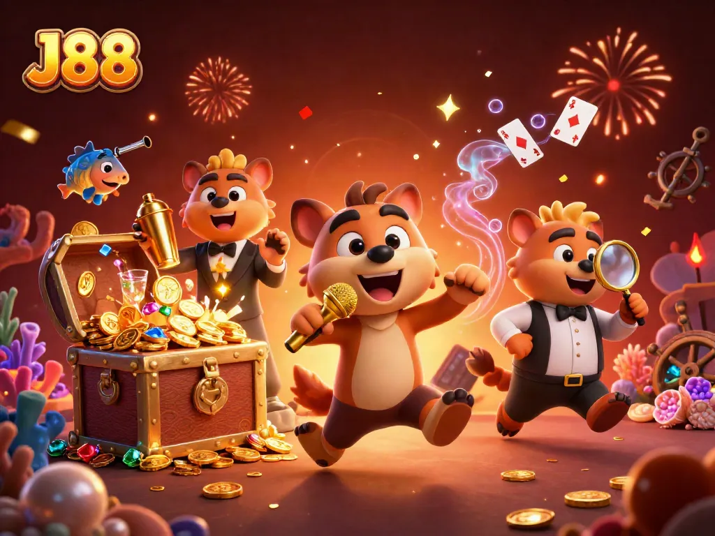 Experience the vibrant comedy casino club of J88 with hyena characters engaging in gambling-themed fun.