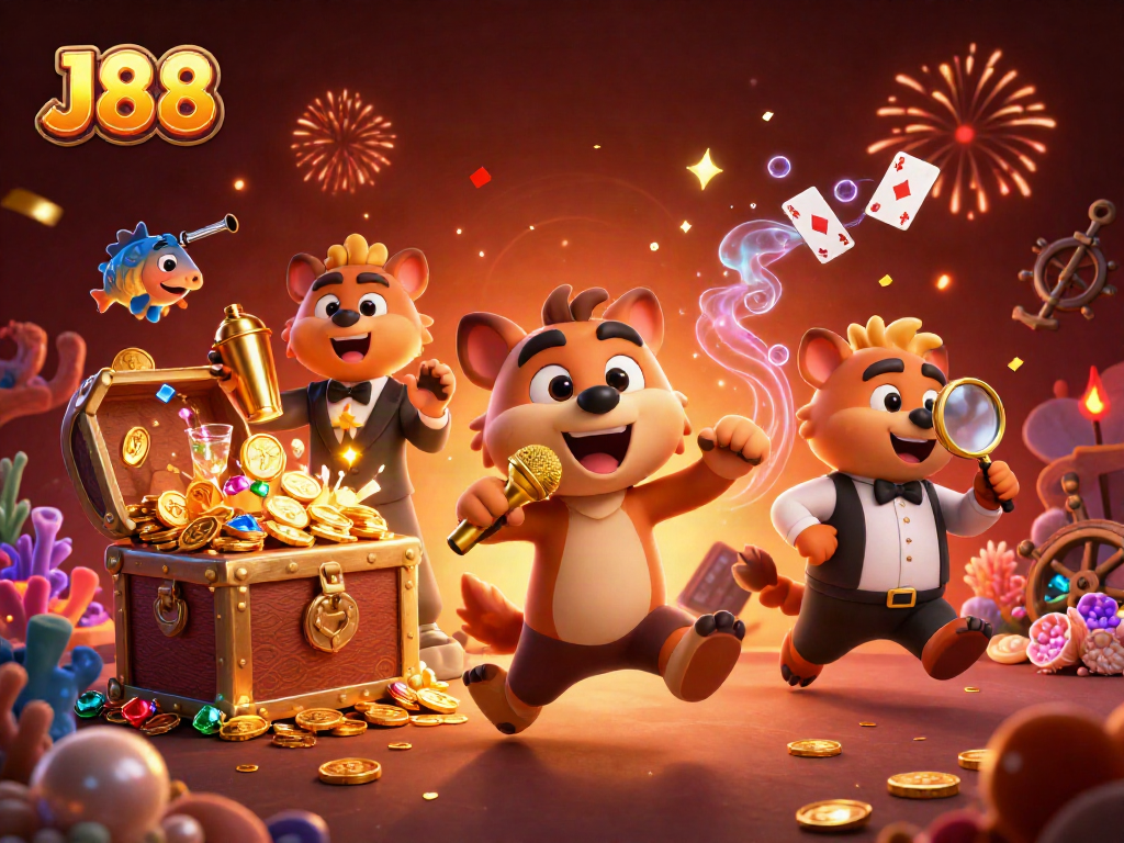 Experience the vibrant comedy casino club of J88 with hyena characters engaging in gambling-themed fun.
