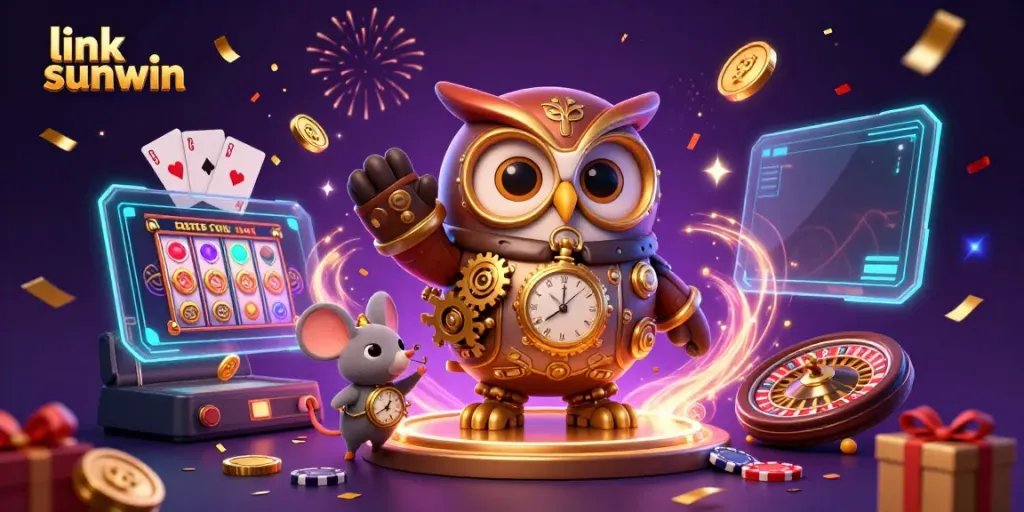 Engage with the exciting atmosphere of link sunwin, showcasing a steampunk owl, futuristic gaming elements, and vibrant casino details.