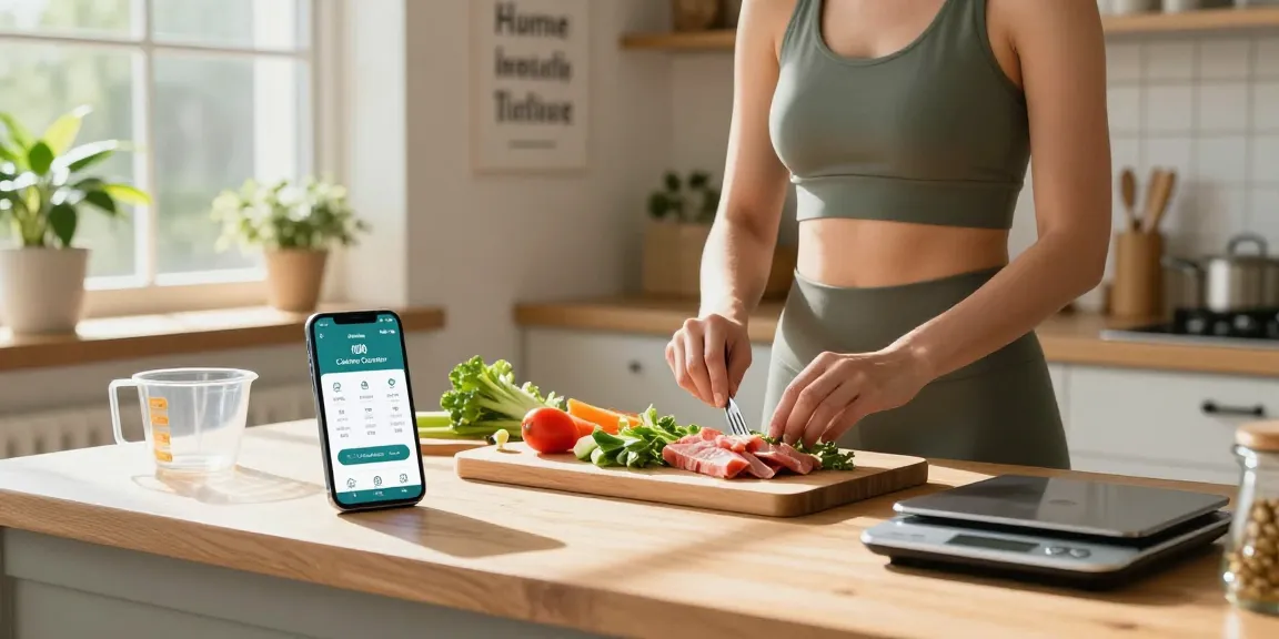 The best weight loss app displayed on a smartphone in a bright kitchen, where a person prepares a healthy meal, emphasizing nutrition and fitness.