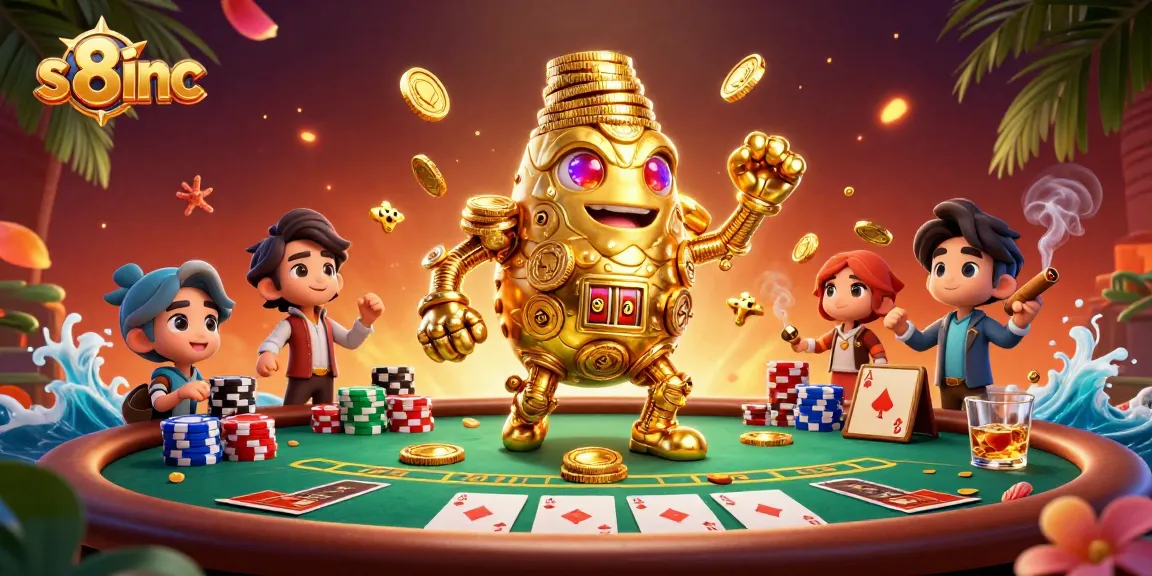 S8inc offers a vibrant poker experience with a dynamic golden golem and colorful game elements.