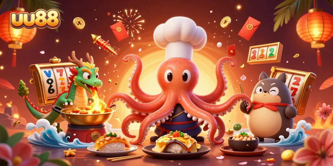 Experience thrilling slots at uu88 with a colorful scene featuring an animated octopus chef and lucky elements.