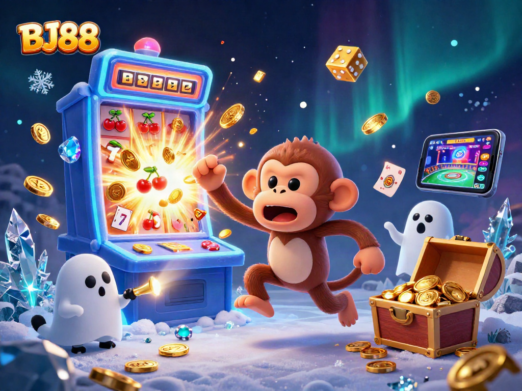 Experience excitement at BJ88 Casino with a playful monkey and puppy amidst a jackpot frenzy.