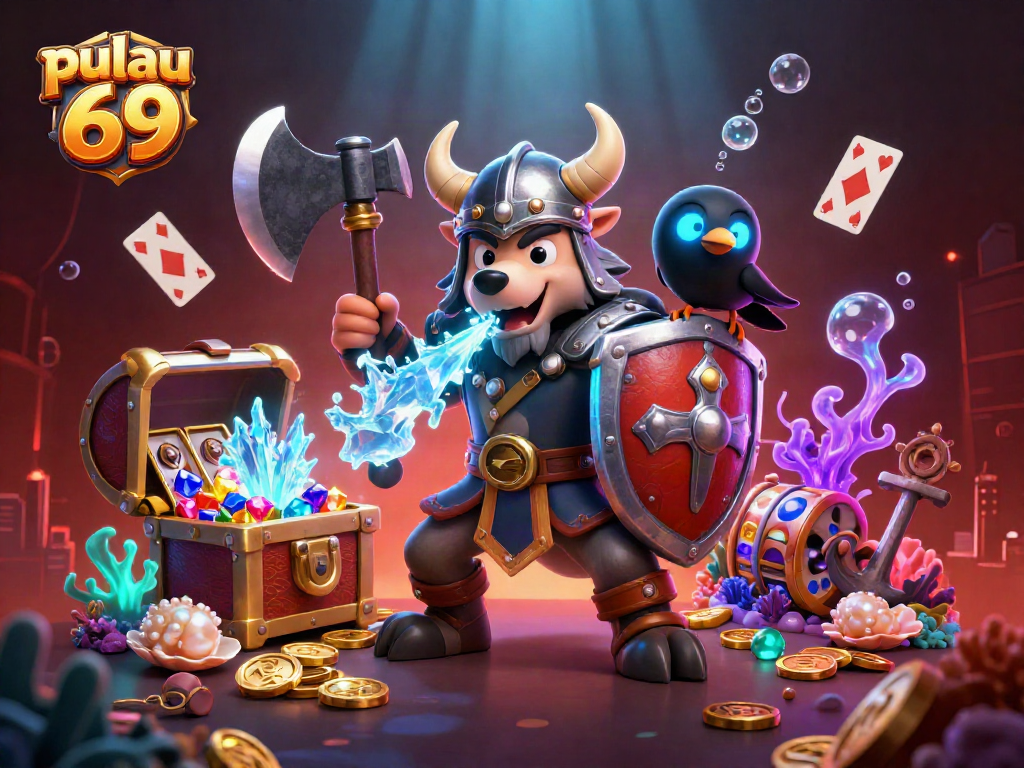 Engage with pulau 69, featuring a Viking wolf warrior and a fierce dragon among slot reels and gold treasures.