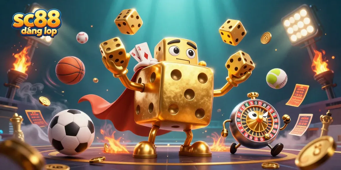 Experience thrilling actions at SC88 đăng nhập with golden dice, sports elements, and vibrant casino atmosphere.