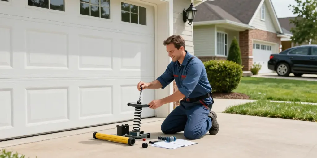 Technician fixing a garage door spring broken in a suburban driveway, showcasing prompt service.
