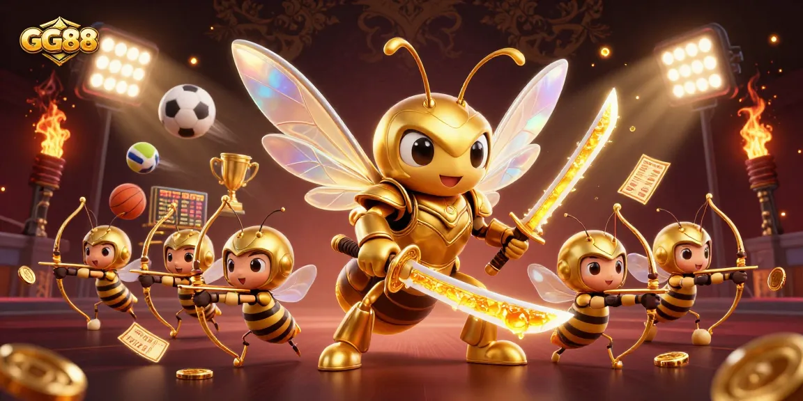 GG88 captivates players with vibrant sports-themed characters amid dazzling betting elements and gold coins.