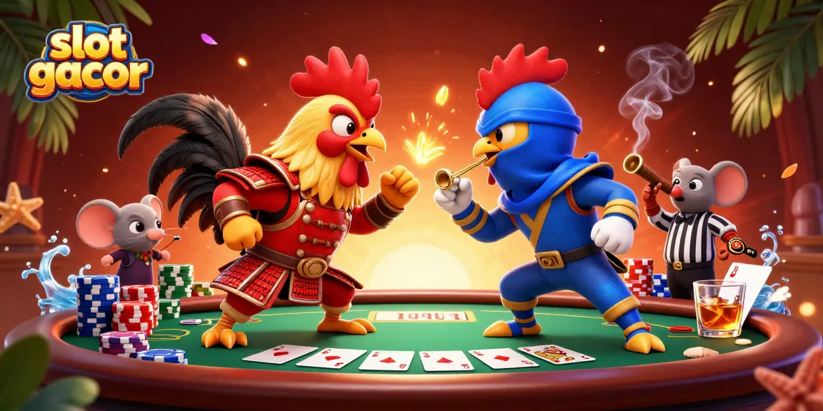 Experience thrilling gameplay with slot gacor action in a vibrant 3D scene of competitive roosters.
