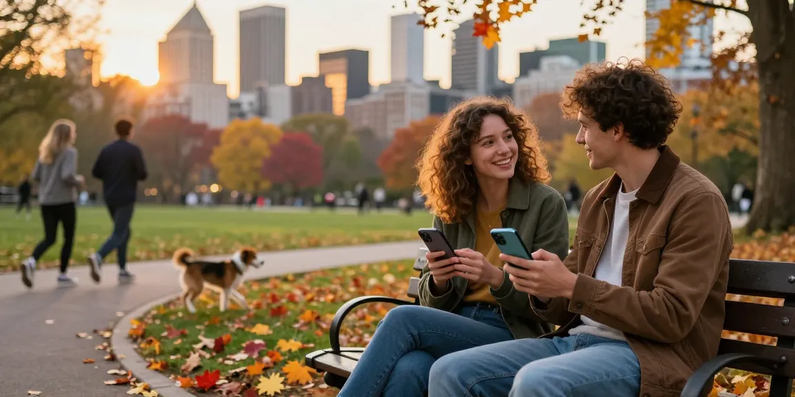 Engaging moment with an AI girlfriend in a sunset urban park scene.