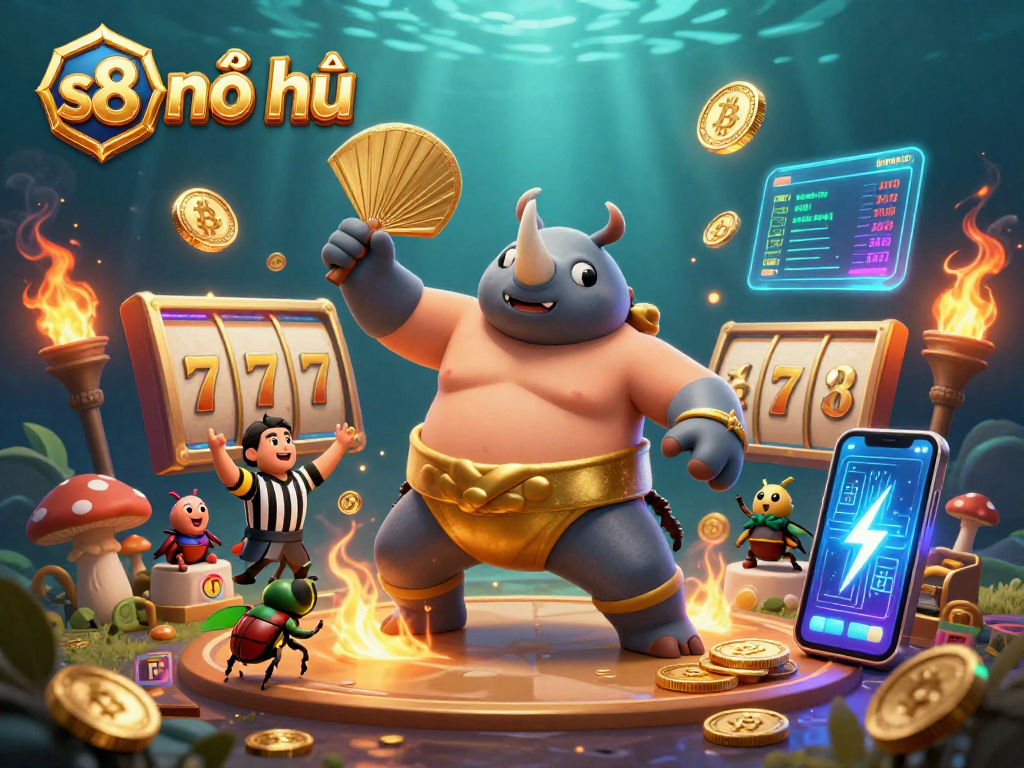 Experience thrilling s8 nổ hũ action with a dynamic 3D beetle champion surrounded by exciting slot elements.