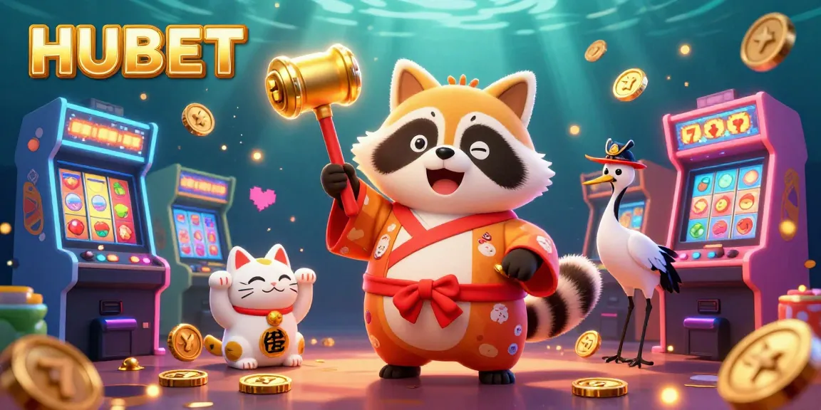 Engage with HUBET's vibrant casino world featuring cheerful characters and exciting slot game elements.