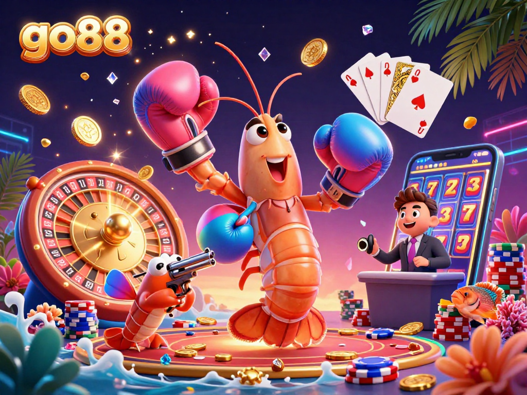 Experience thrilling gameplay at go88 with animated mantis shrimp characters and casino items.