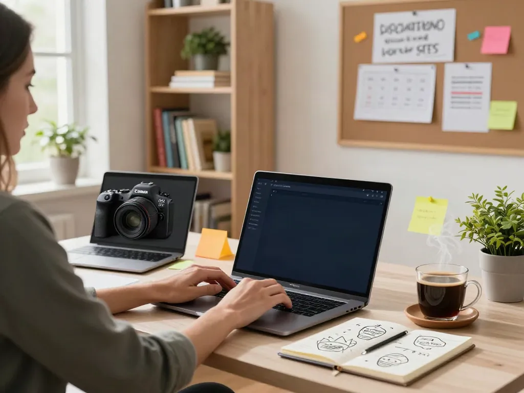 Cozy home office scene featuring an RSS content generator for bloggers with a creator at their desk.