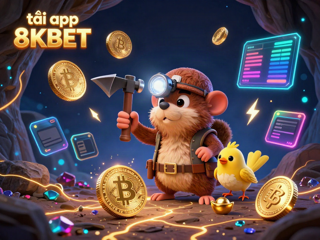 Experience the excitement of tải app 8KBET with a colorful 3D treasure hunting scene featuring crypto coins and characters.