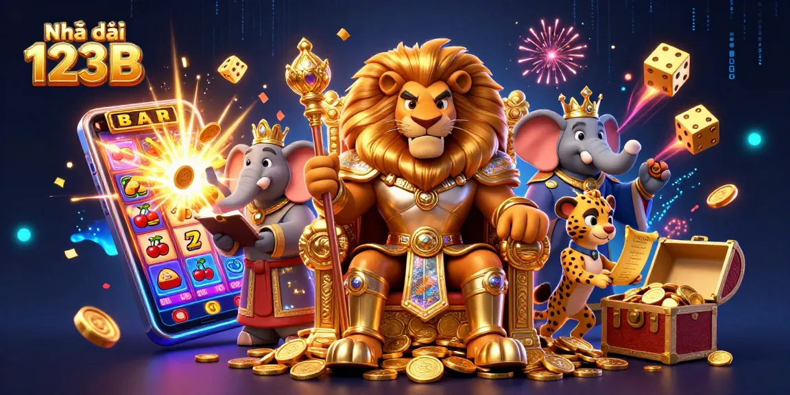 Experience the excitement at Nhà cái 123B with a lion king on a golden throne amid vibrant casino action.