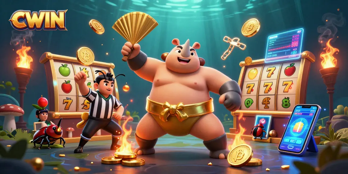 CWIN presents an exciting slot game scene with dynamic characters celebrating a victory amidst vibrant casino elements.